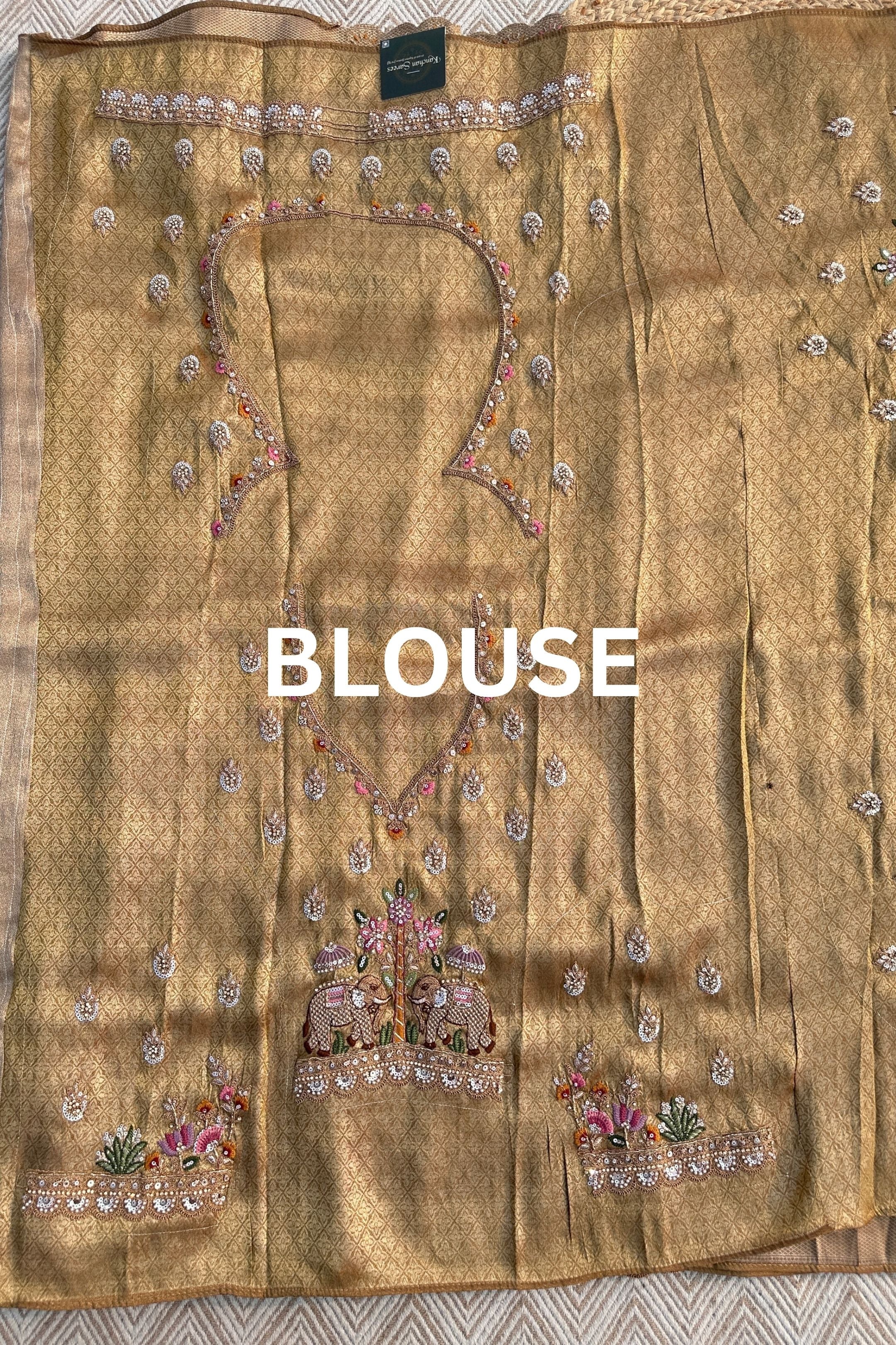 Dusty Beige Brocade Unstitched Saree Embellished With Moti, Sequins, Zarkan, Thread & Cutdana Work
